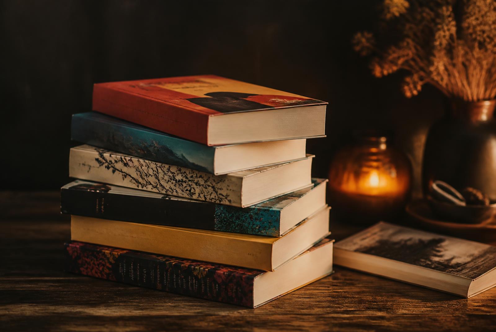 A stack of indie books on a wooden table, lit by a warm ember glow